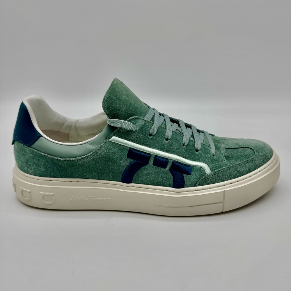 Salvatore Feragamo Suede Gancini Sneakers Leather Trim Designer Shoes - Picture 2 of 8